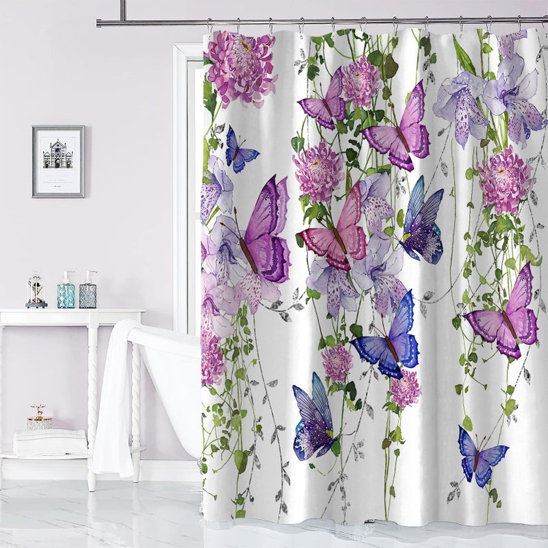 chiinvent Purple Shower Curtain Butterfly Shower Curtains for Bathroom  Spring Shower Curtain Lavender Lilac Pink Floral Shower Curtain with 12 Hooks  Machine Washable Waterproof Fabric  72X72 Inches - Image 2